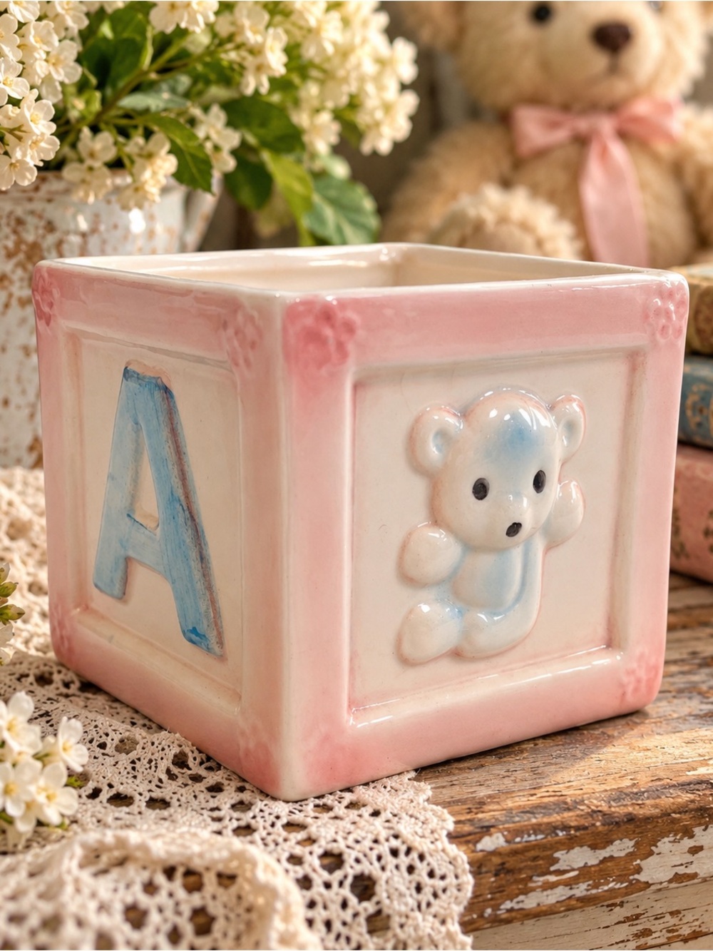 Vintage Ceramic Baby Block Planter Teddy Bear Pink Blue Nursery Decor